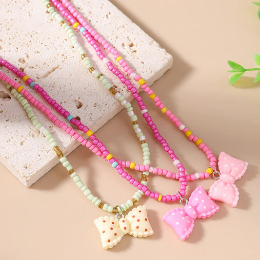Handmade Boho 3pc Necklace Set with Bow Pendant, Summer Beach Jewelry Gift for Women & Girls