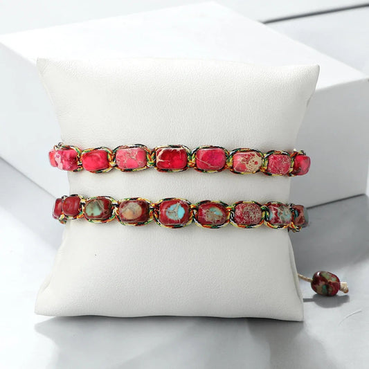 Handmade Imperial Stone Bracelet, Bohemian Beaded Braided Bangle, Vintage Friendship Gift