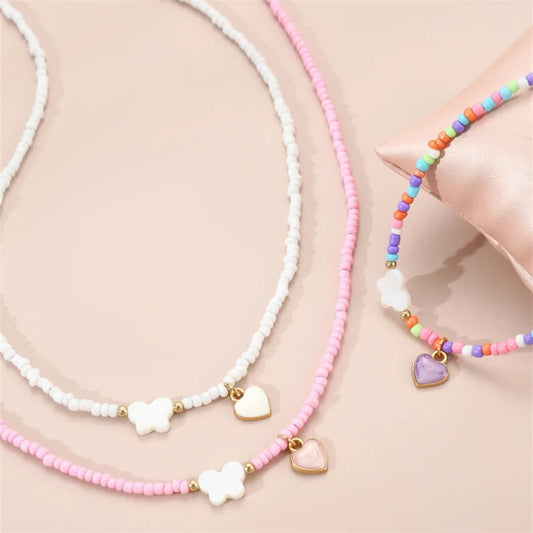 Handmade Oil Drop Butterfly Necklace Set, 3pc Boho Bead Jewelry for Children
