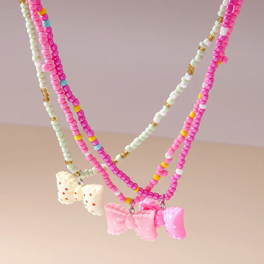 Handmade Boho 3pc Necklace Set with Bow Pendant, Summer Beach Jewelry Gift for Women & Girls