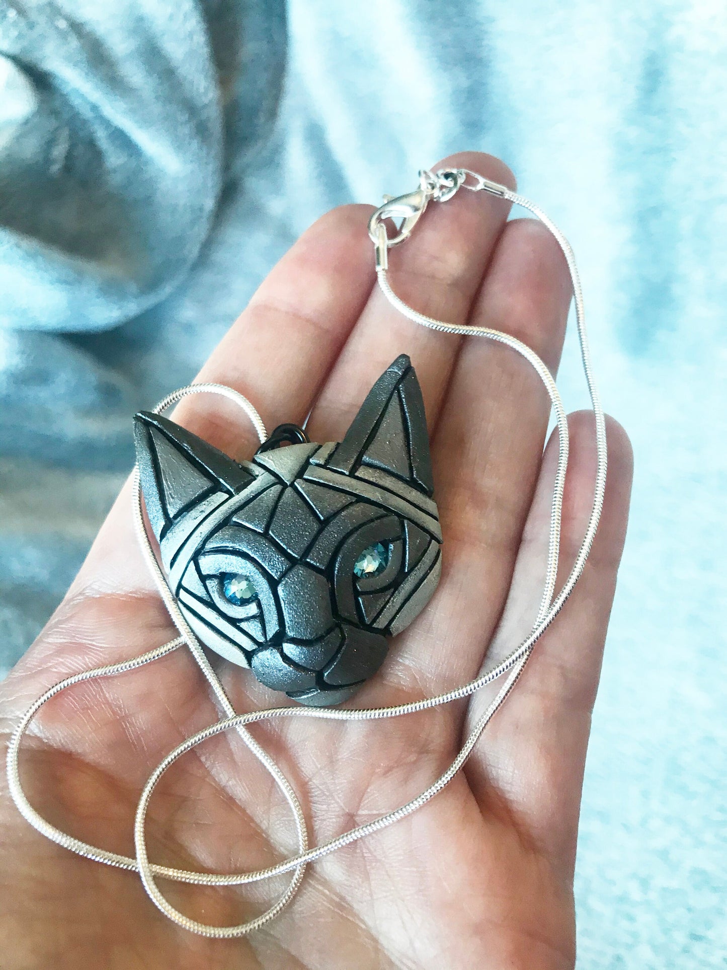 Siamese Cat Face Necklace, Apple head Mosaic, Pet Portrait, Fun for cat lover, Mother's Day Gift Idea, Aquamarine Eyes Unique Artisan Design