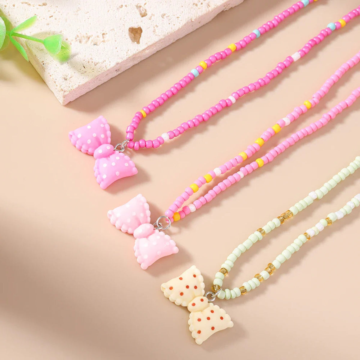 Handmade Boho 3pc Necklace Set with Bow Pendant, Summer Beach Jewelry Gift for Women & Girls