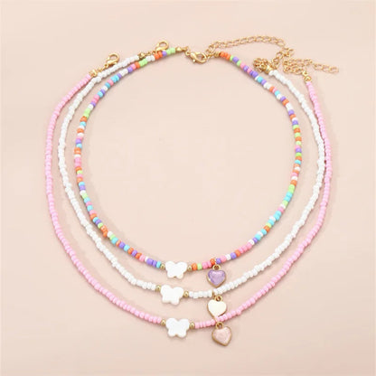 Handmade Oil Drop Butterfly Necklace Set, 3pc Boho Bead Jewelry for Children