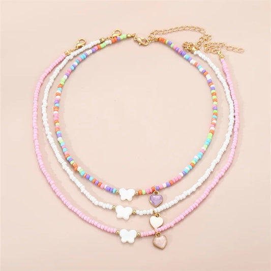 Handmade Oil Drop Butterfly Necklace Set, 3pc Boho Bead Jewelry for Children