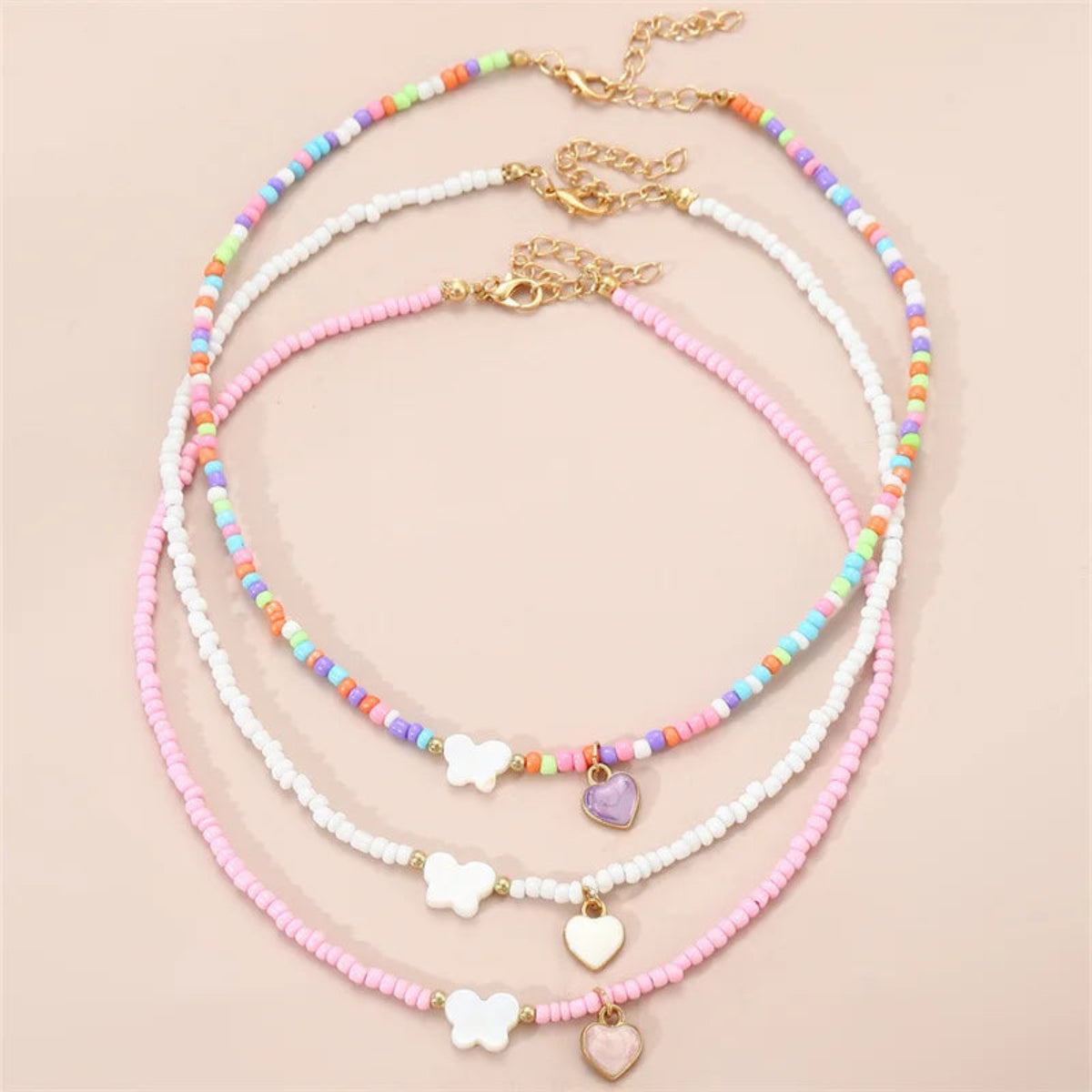 Handmade Oil Drop Butterfly Necklace Set, 3pc Boho Bead Jewelry for Children