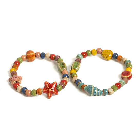 Handmade Starfish Seashell Bracelet, Colorful Ceramic Bead Boho Beach Wristband for Women & Teens