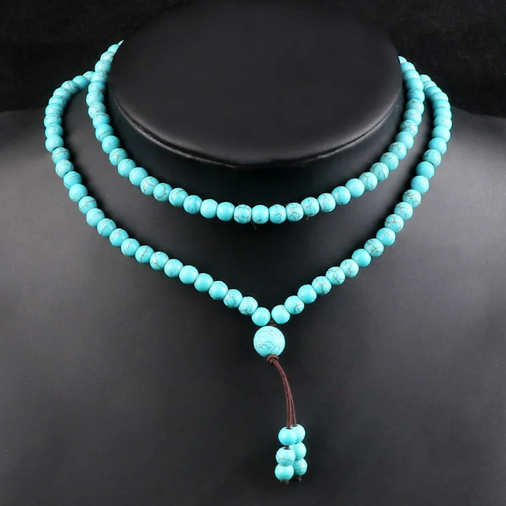 6mm Natural Light Blue Mala Necklace – Handmade 108 Beads Yoga Meditation Bracelet for Women & Men