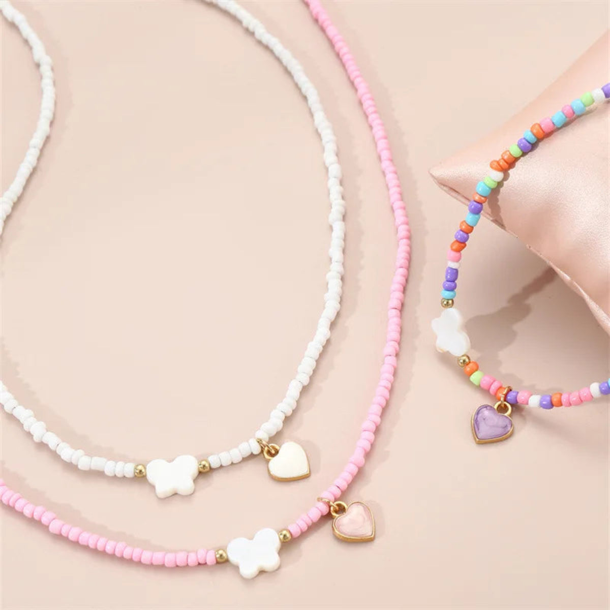 Handmade Oil Drop Butterfly Necklace Set, 3pc Boho Bead Jewelry for Children