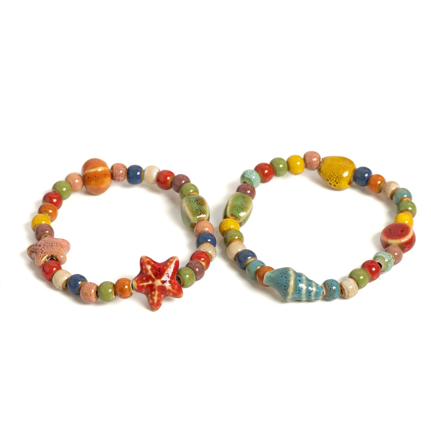 Handmade Starfish Seashell Bracelet, Colorful Ceramic Bead Boho Beach Wristband for Women & Teens