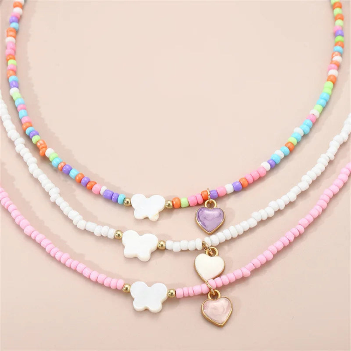 Handmade Oil Drop Butterfly Necklace Set, 3pc Boho Bead Jewelry for Children