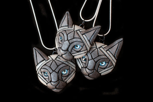 Siamese Cat Face Necklace, Apple head Mosaic, Pet Portrait, Fun for cat lover, Mother's Day Gift Idea, Aquamarine Eyes Unique Artisan Design