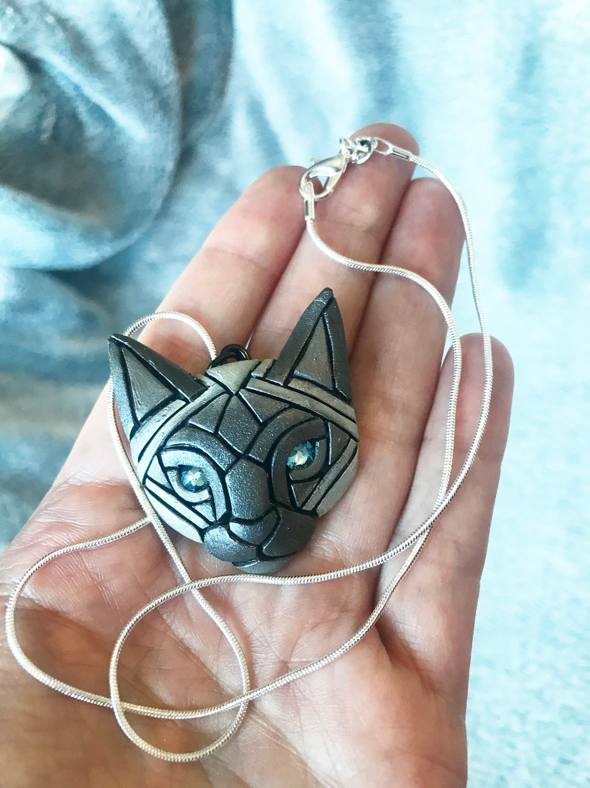 Siamese Cat Face Necklace, Apple head Mosaic, Pet Portrait, Fun for cat lover, Mother's Day Gift Idea, Aquamarine Eyes Unique Artisan Design