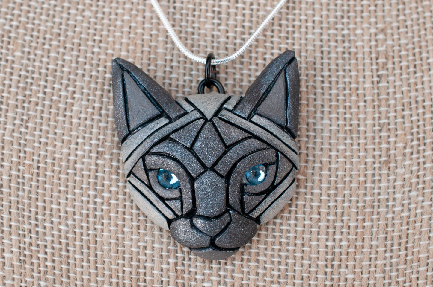 Siamese Cat Face Necklace, Apple head Mosaic, Pet Portrait, Fun for cat lover, Mother's Day Gift Idea, Aquamarine Eyes Unique Artisan Design