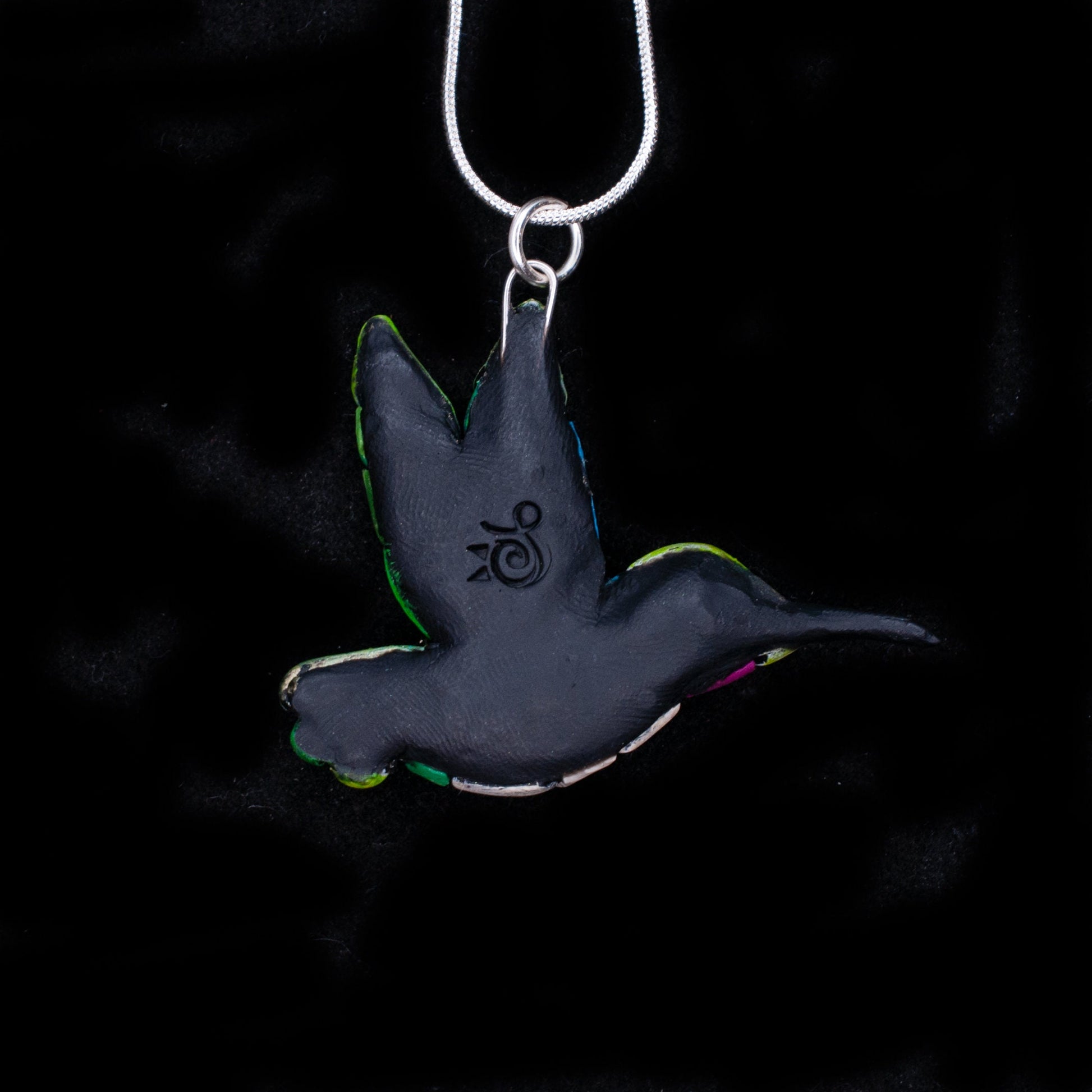 Hummingbird Necklace on Silver Chain, Ruby Throated Bird gift,  Spirit Animal Totem, Native American Species, Mosaic art to Wear, bright fun