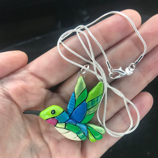 Hummingbird Necklace on Silver Chain, Ruby Throated Bird gift,  Spirit Animal Totem, Native American Species, Mosaic art to Wear, bright fun
