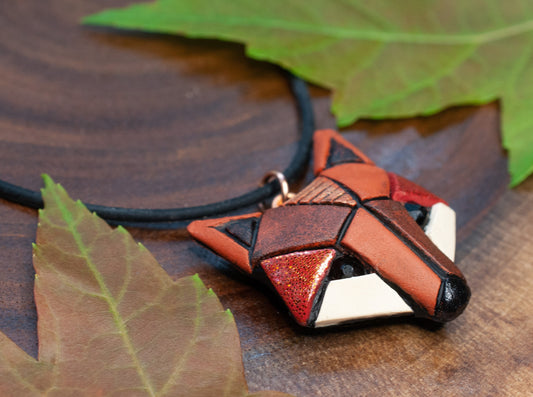 Red Fox Necklace, Rustic Geometric Spirit Animal, Mosaic art to wear, Unique Gift Idea for animal lovers and nature enthusiasts. In neutrals