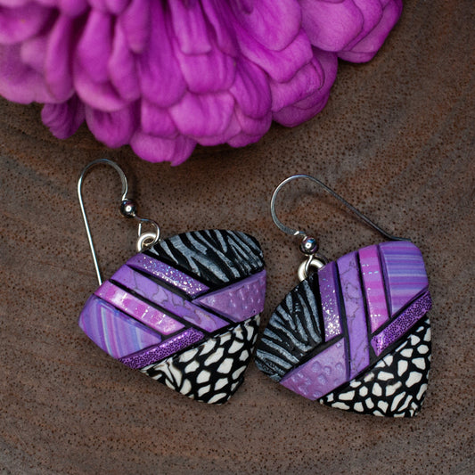 Pink purple mosaic earrings with black and white, Lightweight, Dangly, Abstract triangle, Sterling silver wires, Coordinates available