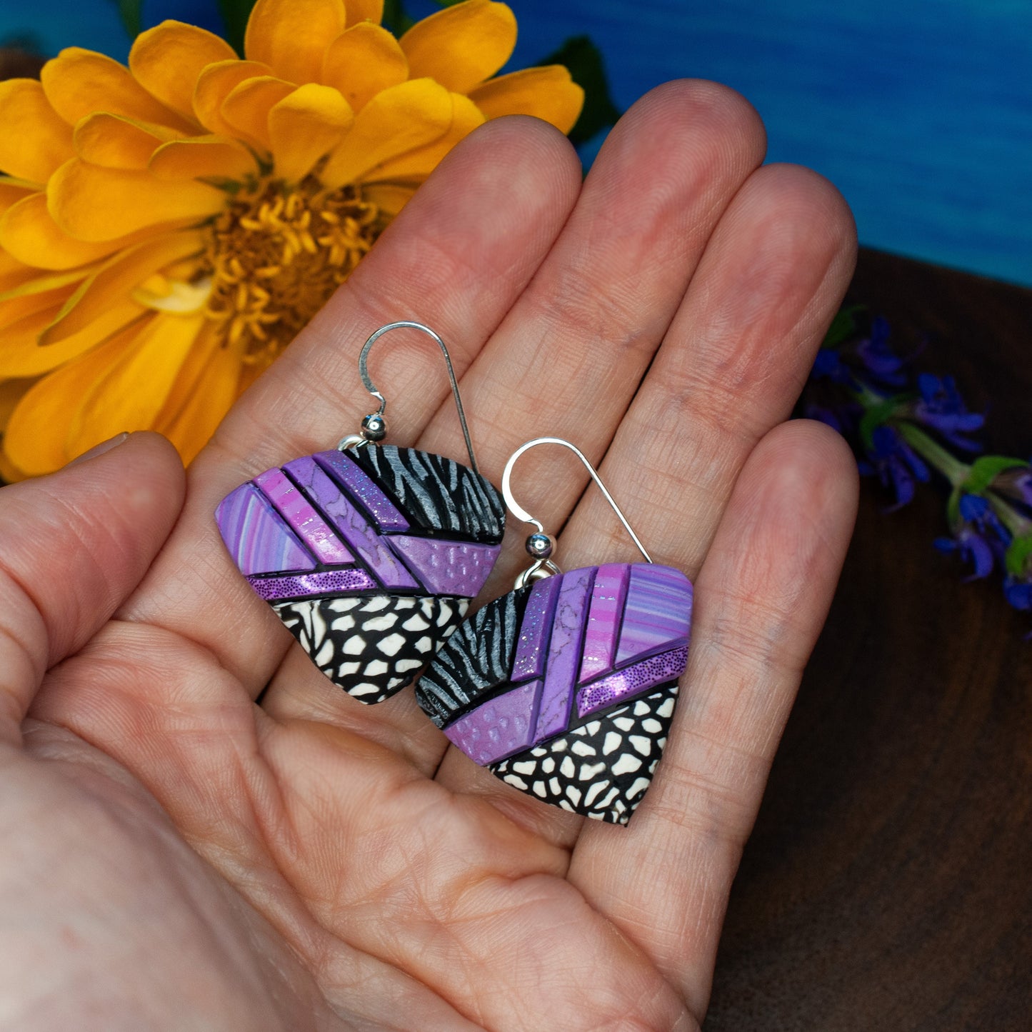 Pink purple mosaic earrings with black and white, Lightweight, Dangly, Abstract triangle, Sterling silver wires, Coordinates available