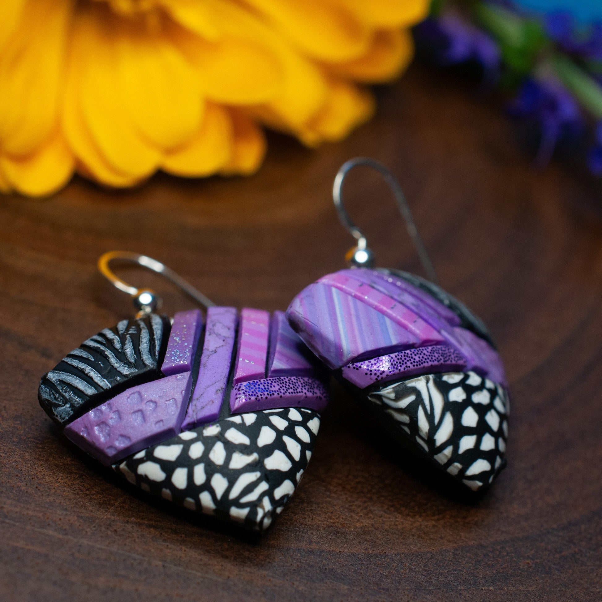 Pink purple mosaic earrings with black and white, Lightweight, Dangly, Abstract triangle, Sterling silver wires, Coordinates available