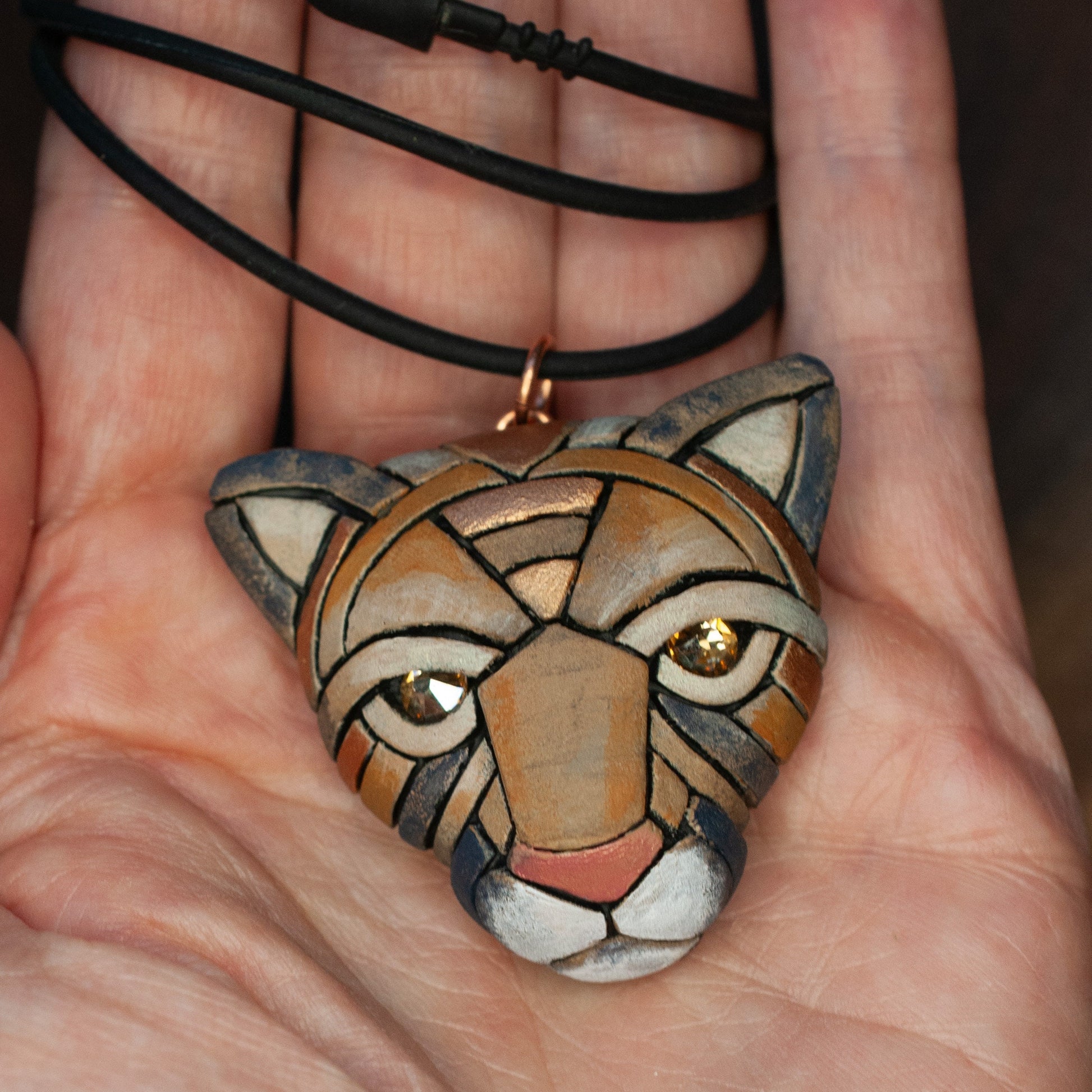 Cougar, AKA Mountain Lion & Puma Face Necklace on Leather, Wildcat Spirit Animal Head, Christmas Gift Idea, North American Native Species