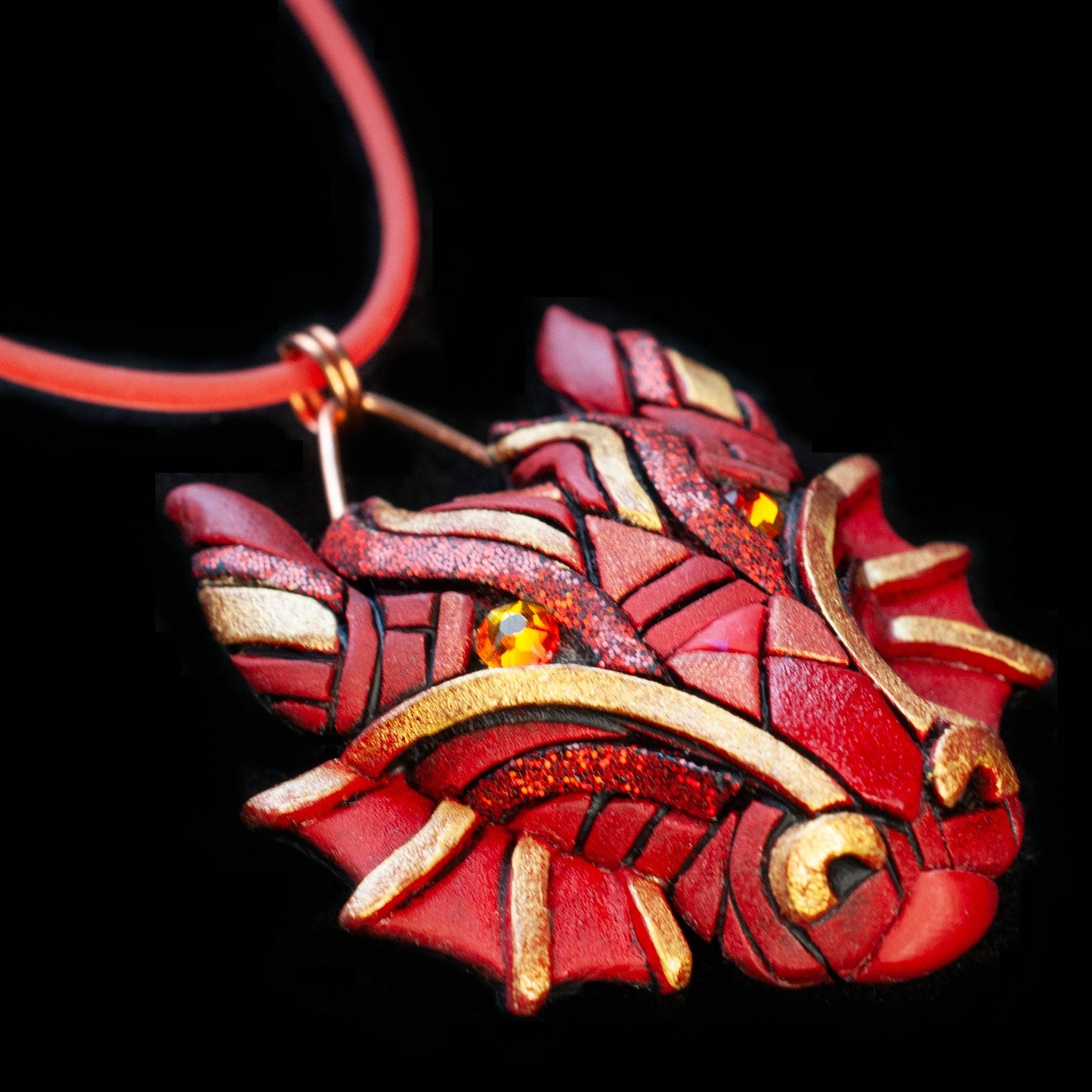 Year of the Dragon Chinese Zodiac Necklace, Lunar New Year Asian Astrology Symbol, Traditional red and gold gift idea, Mosaic art to wear,