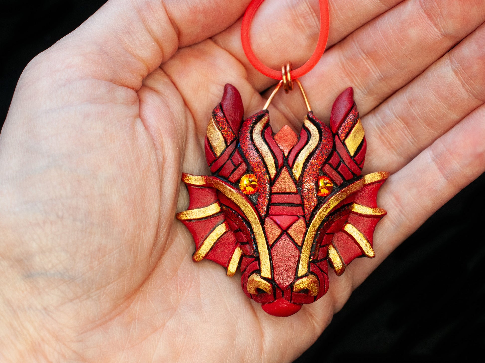 Year of the Dragon Chinese Zodiac Necklace, Lunar New Year Asian Astrology Symbol, Traditional red and gold gift idea, Mosaic art to wear,