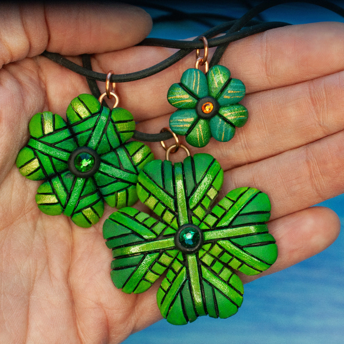 Shamrock Necklace, Green Four-Leaf Clover, St. Patrick's Day Gift, Luck of the Irish, 3 sizes, Symbol of Ireland, Lucky Charm, Celtic Cross