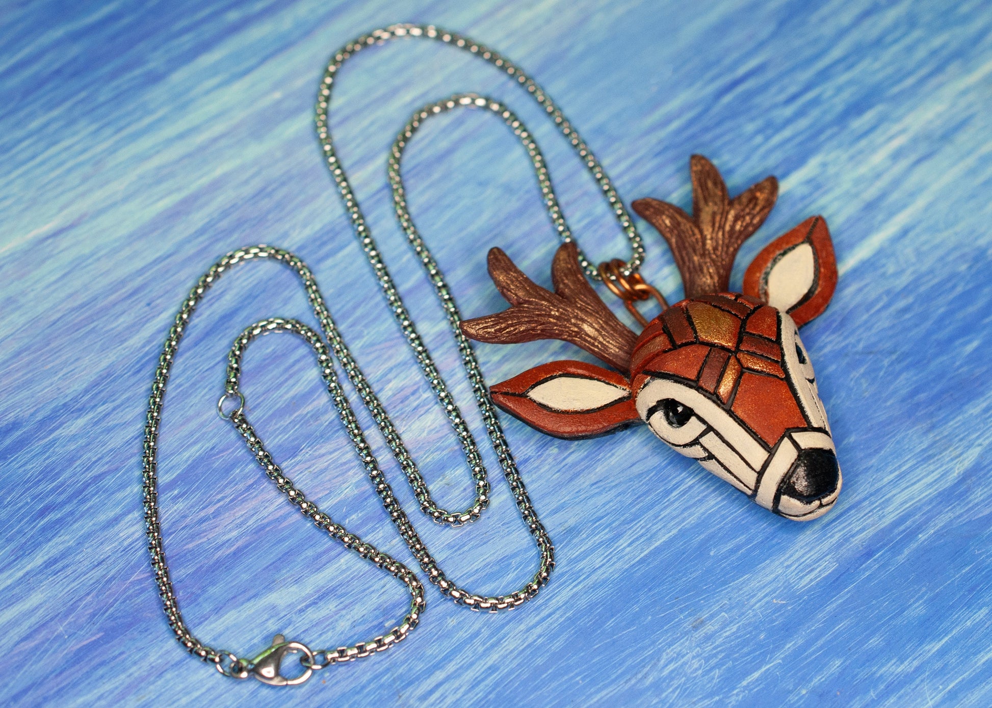 Deer Necklace, White Tailed Deer on Adjustable Leather Cord, Spirit Animal Amulet, Mosaic art design, Unique Gift Idea, Native American