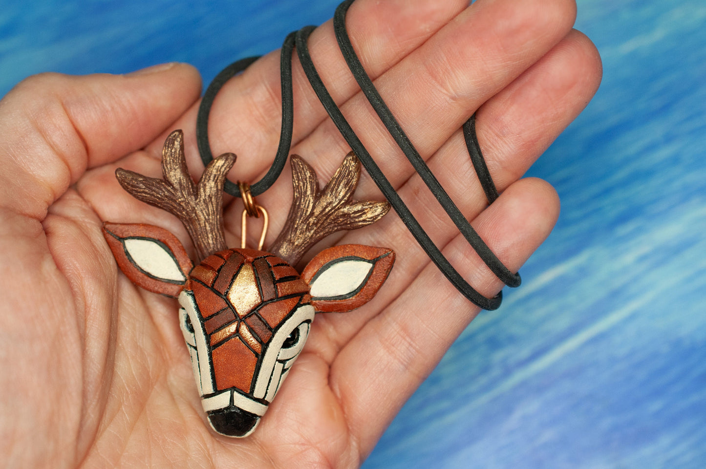 Deer Necklace, White Tailed Deer on Adjustable Leather Cord, Spirit Animal Amulet, Mosaic art design, Unique Gift Idea, Native American