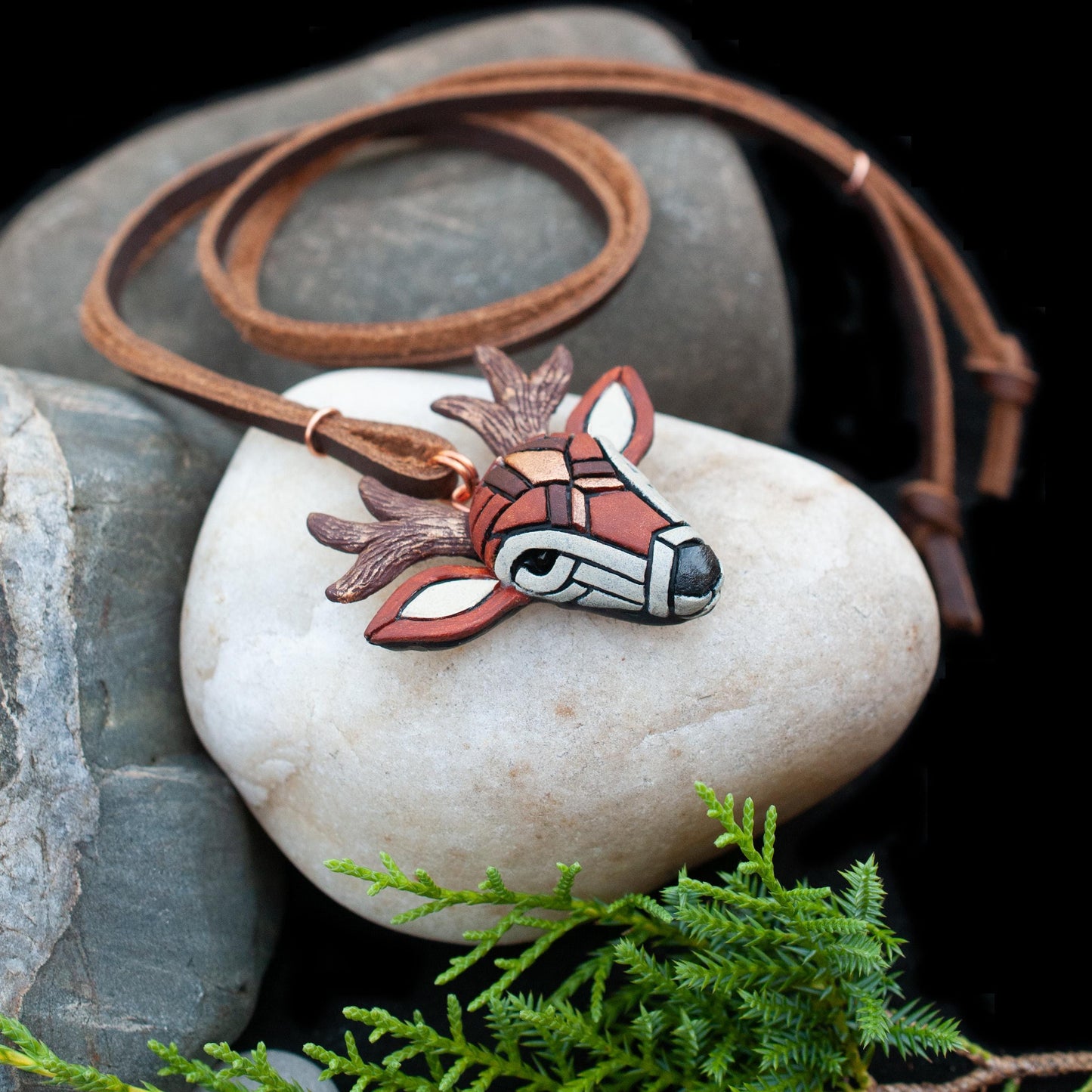 Deer Necklace, White Tailed Deer on Adjustable Leather Cord, Spirit Animal Amulet, Mosaic art design, Unique Gift Idea, Native American
