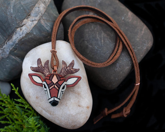Deer Necklace, White Tailed Deer on Adjustable Leather Cord, Spirit Animal Amulet, Mosaic art design, Unique Gift Idea, Native American