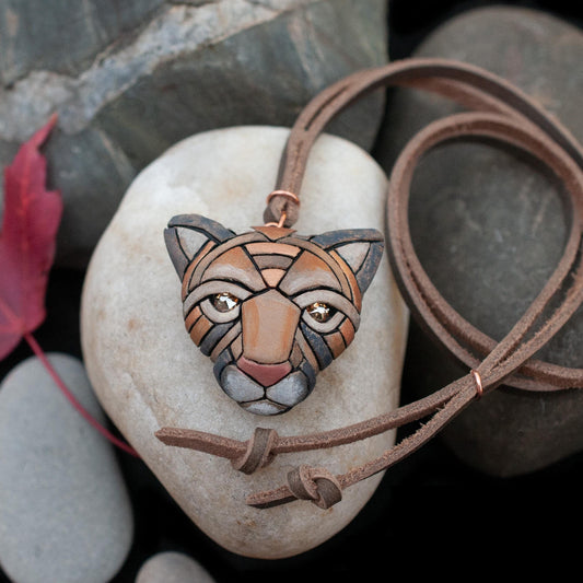 Cougar, AKA Mountain Lion & Puma Face Necklace on Leather, Wildcat Spirit Animal Head, Christmas Gift Idea, North American Native Species