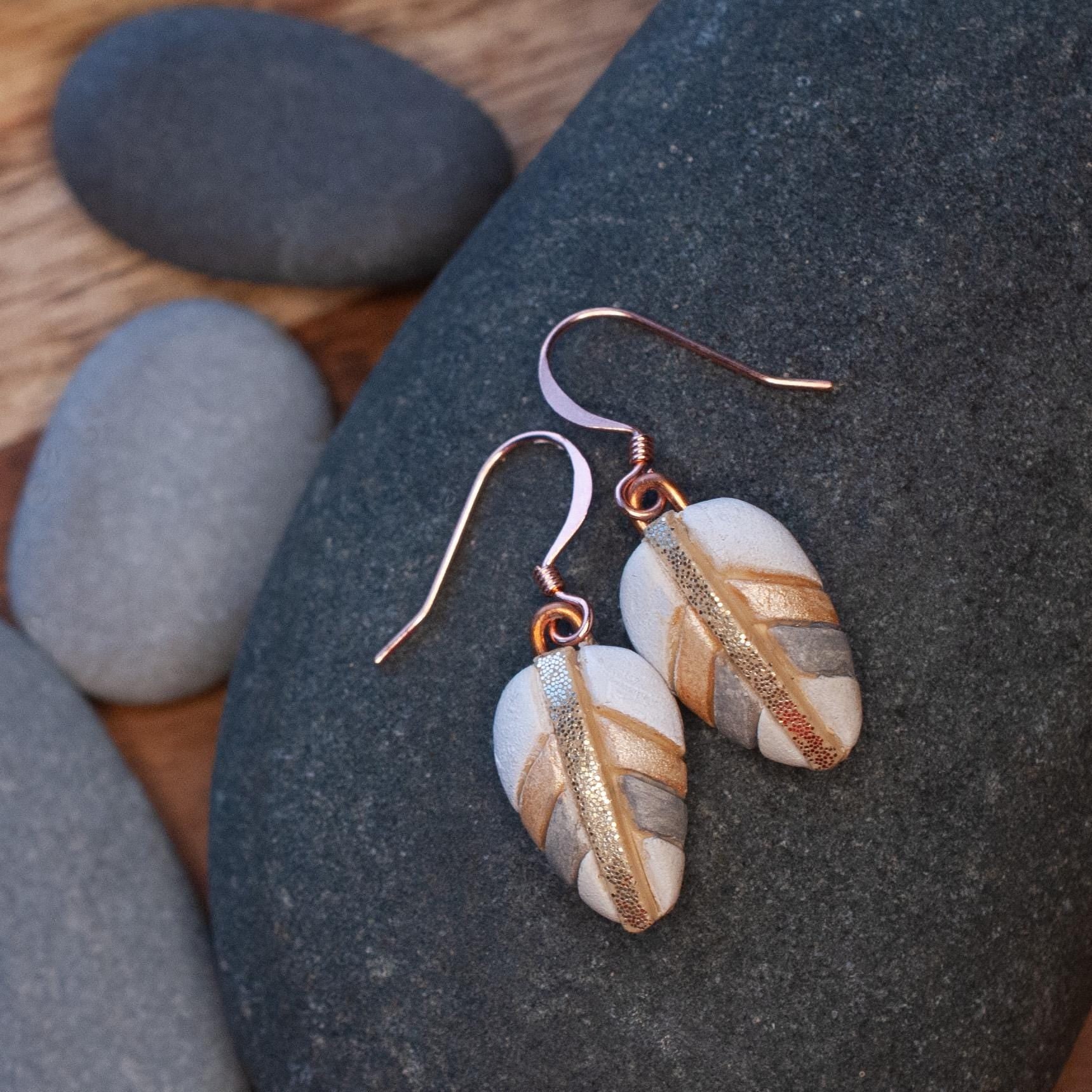 Leaf Earrings, Neutrals, Tiny & Cute, Feather Light and Dangly, Genuine Copper Wires, Clay Mosaic, Unique Gift Idea, Matching White Bison